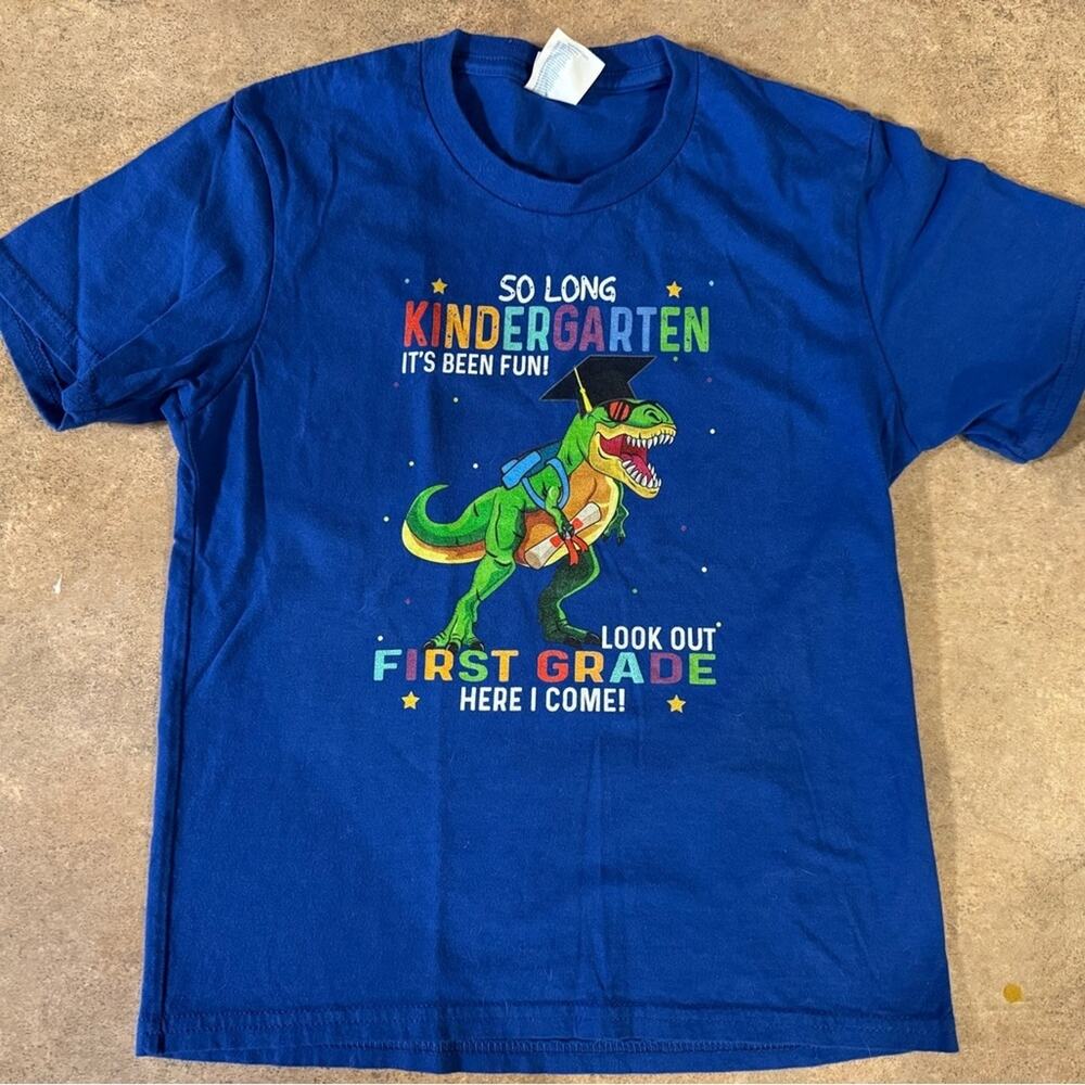 Fun First Grade Blue Dinosaur Graphic Short Sleeve T-Shirt Youth Small